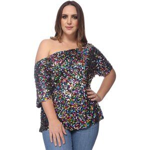 Plus Size Sequin One Shoulder Short Sleeve Party Top Relaxed Fit